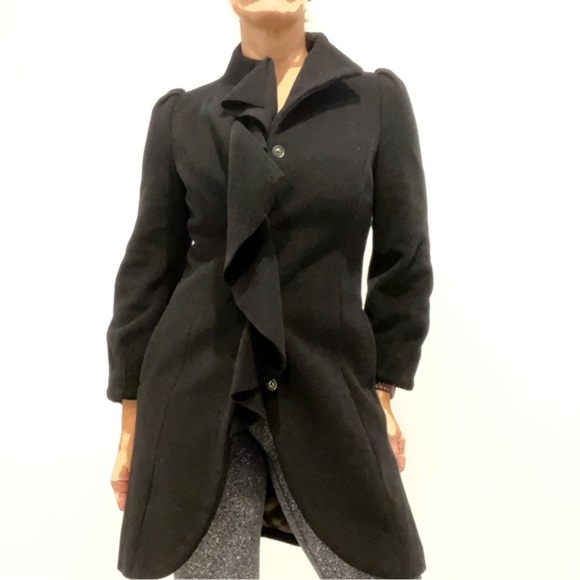 Sisley Cashmere Wool Pea Coat Jkt Blazer Black Velvet Soft Ruffle Snap Up Small - Picture 2 of 13